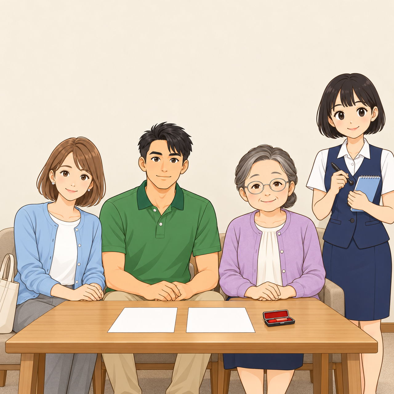 みなと不動産の会議室。机をはさんで、山本和子さんと田中さんご夫婦が座り、佐藤さくらさんが横に立って手帳を持っている。