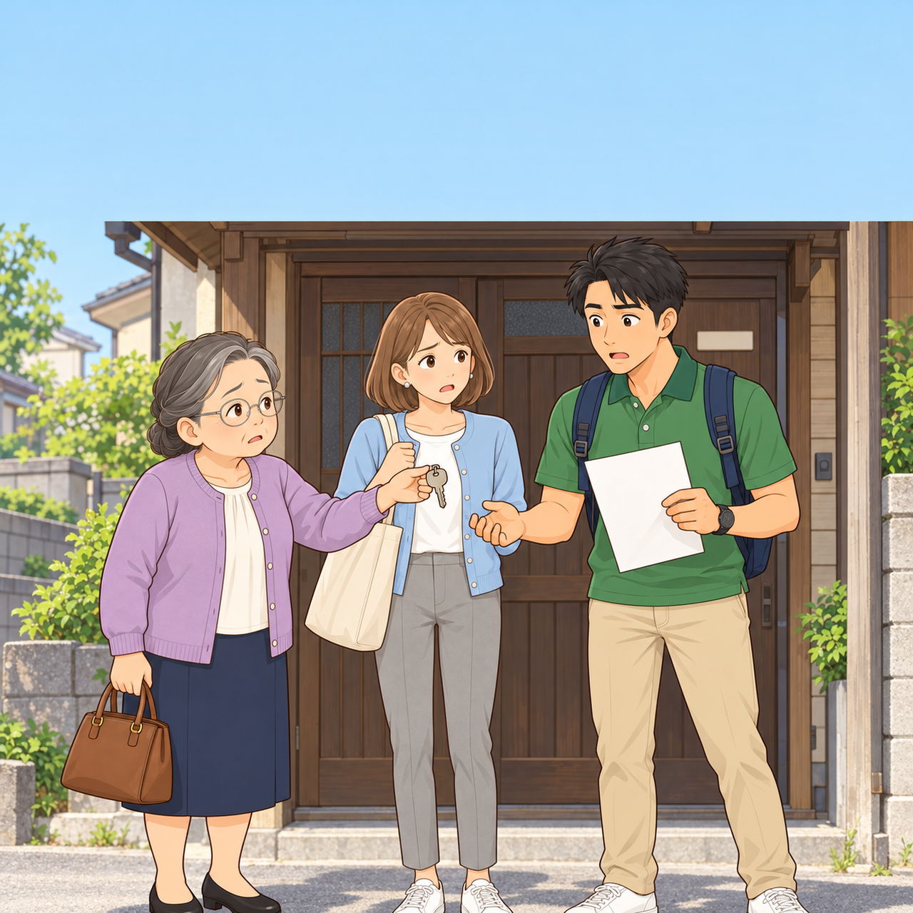 山本さんの家の玄関前。山本さんが鍵を差し出し、田中さんが書面を持って怪訝な顔をしている。後ろで美咲さんが心配そうにのぞく。