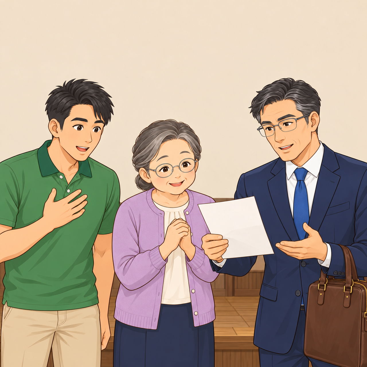 同じ玄関前。木村さんが契約の後に交付しておいた書面を差し出して説明し、田中さんがそれを見て、山本さんがうなずいている。