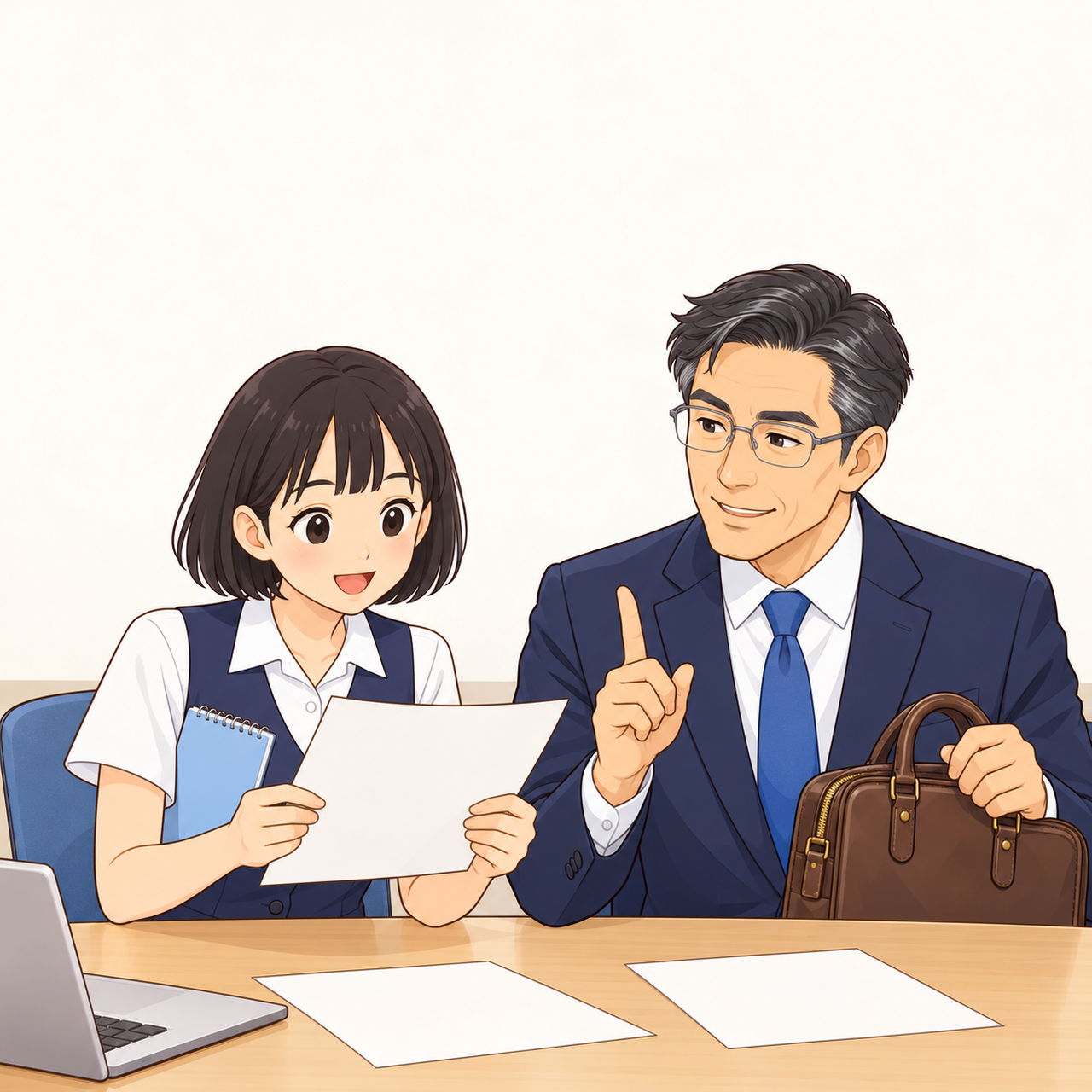 みなと不動産の会議室。佐藤さんが書面を両手で持ってうなずき、木村さんが横で説明して笑っている。
