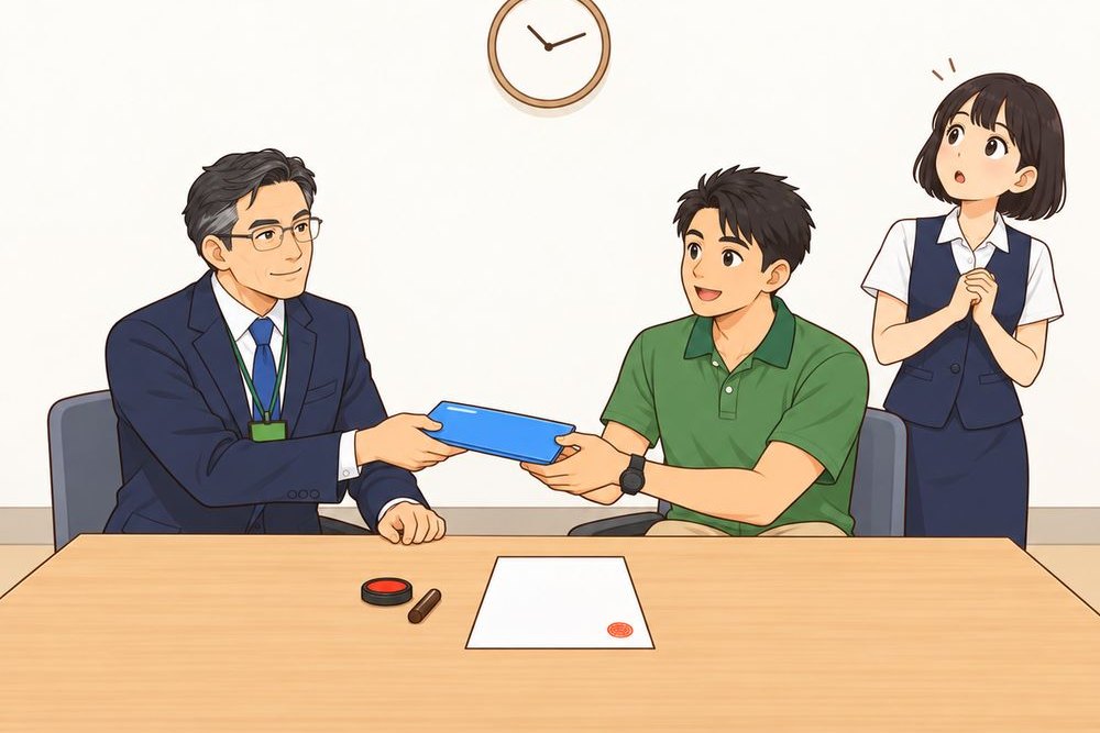 会議室。机の上に朱肉と、押印した契約書。木村さんがその場ですぐ青いファイル(37条書面)を田中さんに渡している。佐藤さんが壁の時計を見て驚いている。